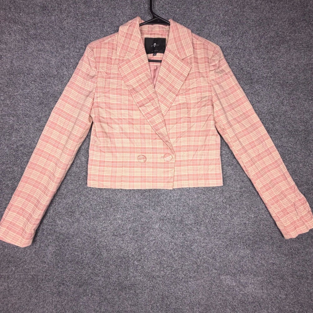 7 For All Mankind Womens Pink Plaid Cropped Double Breasted‎ Blazer XS Tailored